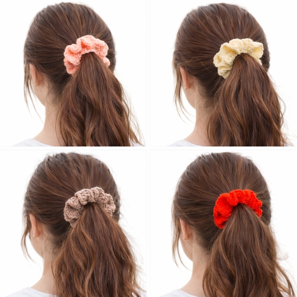 Handmade Textured Crocheted Scrunchies Ponytail Holder Hair Tie Set Of 4 - New
